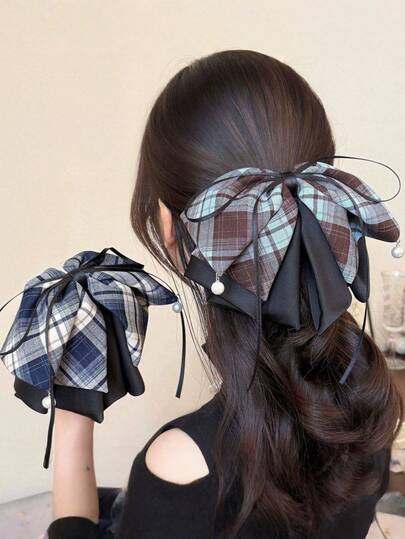 1 Peça Presilha de Cabelo Elegante com Laço Xadrez Feminina, Acessório de Cabelo Estilo Francês Coque Meio, Adequado para Clipes de Praia de Outono/Inverno Verão