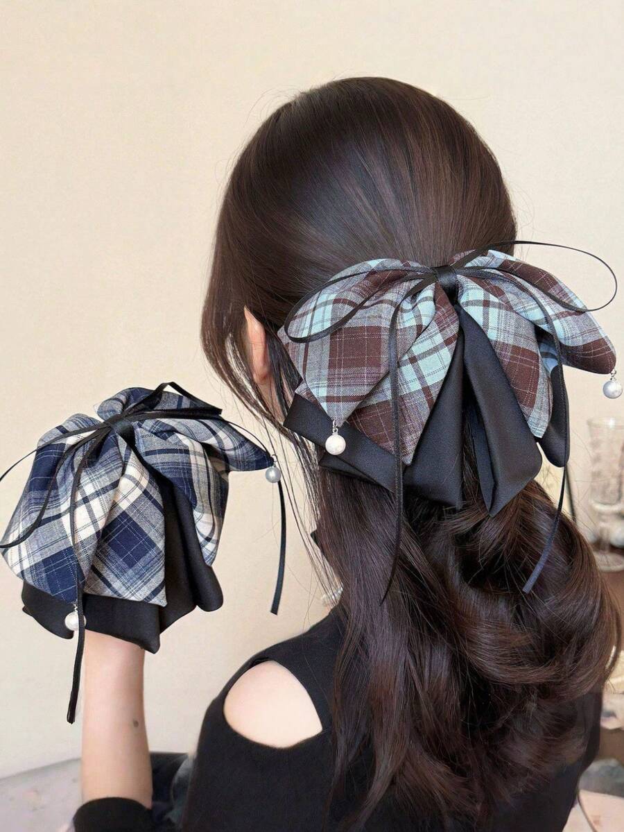 1. 女士精致格子蝴蝶结发夹，法式全扎半马尾发夹，适合秋冬季 - 彩色 - 查看 1