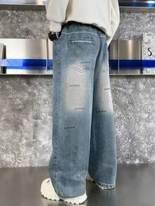 Tween Boy Wide Leg Jeans, New Straight Loose Denim Trousers For Autumn - Medium Wash - View 1