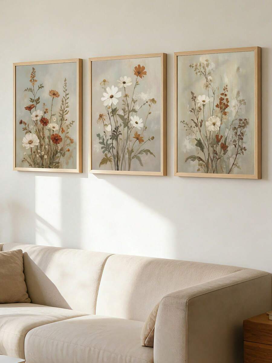 3 Pieces Wildflower Wall Art Posters Flowers Hanging Paintings Botanical Wall Arts Vintage Wall Artwork Wall Prints Aesthetic Wall Picture Nordic Poster Set Living Room Wall Decor Mother's Day Gift No Frame - Beige - View 1