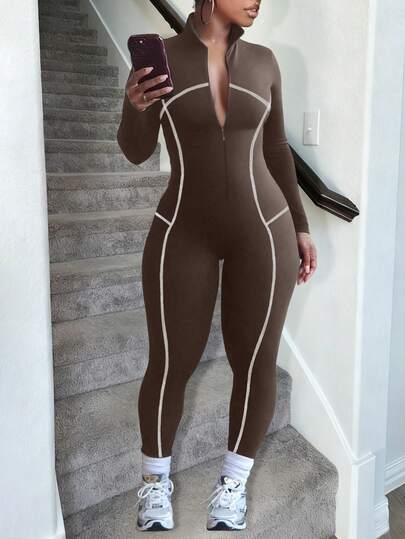 LovelyWholesale Women's Stand Collar Long Sleeve Zipper Striped Patchwork Jumpsuit, Activewear For Fitness, Skiing In Spring And Autumn Elegant