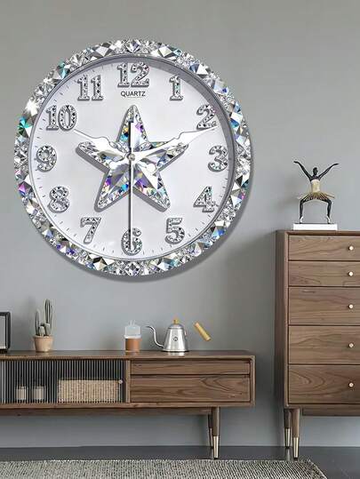 1个水晶星形钻石镶嵌木质挂钟，钻石边框，静音圆形瑞士石英挂钟，钻石效果/图案，2D平面 - 适用于卧室、客厅、办公室、厨房装饰 - 10/12英寸，不含电池