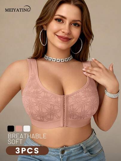 MEIYATING 3pcs/Set Women's Full Coverage Bras, Plus Size Soft Lace Wireless Breathable Bra