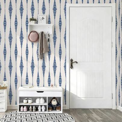 1 Roll Bohemian Self-Adhesive Wallpaper, Vinyl Material, Peel-And-Stick Wallpaper, Removable And Durable. Features A Blue And White Gradient Vertical Stripe Design With Dotted Pattern. Suitable For Bedrooms, Living Rooms, And Bathrooms. Ideal For Home Wall Decoration.