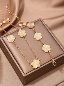 2pcs Elegant Jewelry Set, Metal Five-Petal Flower Necklace And Bracelet, Simple Design, Suitable For Daily Wear, Parties, Spring/Summer New Arrival, Commuting - Yellow Gold - View 3