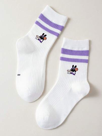 1 Pair Children's Solid Color Parallel Bar Socks, Purple, Student Socks With Rabbit & Basketball Graphic, Minimalist Casual Suitable For Holidays