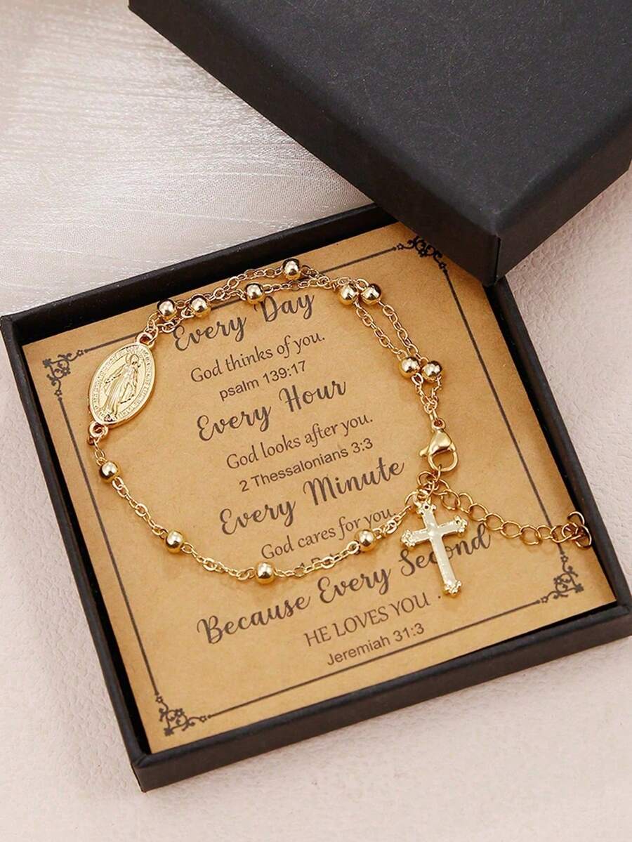 1件时尚手工天主教圣母玛利亚十字架手链，女士魅力链手链，宗教饰品，复活节少女礼物 - 手鍊 - 查看 1