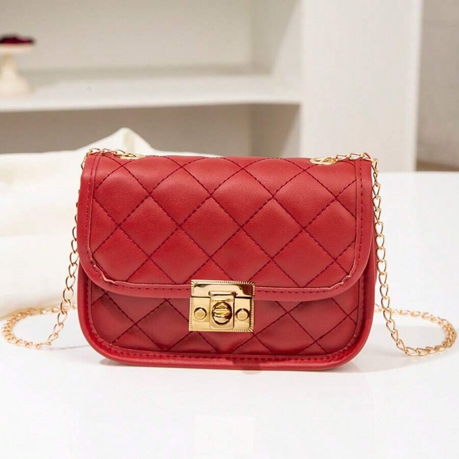 Mini Diamond Quilted Chain Strap Minimalist Shell Bag, Suitable For Daily Wear - Red - View 1