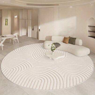 1pc Minimalist Cream Curved Round Rug, Soft Faux Wool Material, Bathroom Mat, Living Room, Sofa Area, Wabi-Sabi Style, Cream Space Decor Carpet, Coffee Table, Leisure Area, Bedroom Decor, Home Decor, Outdoor Rug, Washable Carpet
