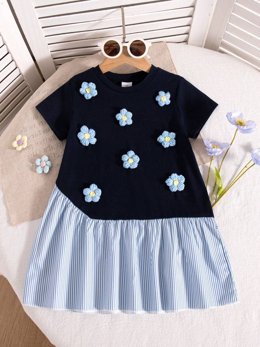 Vestido de manga corta hasta la rodilla con estampado de rayas y flores en parches, para niñas, primavera/verano - Azul - Ver 1