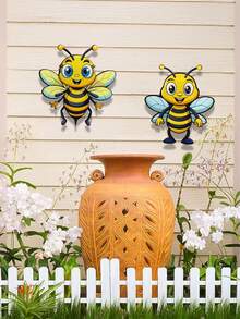 2 piezas Decoración de pared de abeja de dibujos animados vibrante, hermosa y linda decoración de pared de animales, decoración de arte de metal duradero para exteriores, adecuada para la embellecimiento del jardín en primavera/verano - Amarillo y negro (2 piezas) - Ver 7