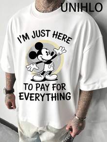 Disney UNIHLO I M JUST HERE TO PAY FOREVERYTHING  Print  Summer Casual Versatile Pure Cotton T-Shirt Suitable For Any Place - White - View 1