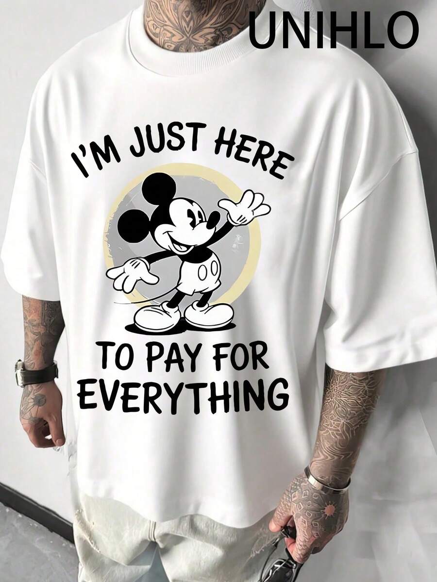 Disney UNIHLO I M JUST HERE TO PAY FOREVERYTHING  Print  Summer Casual Versatile Pure Cotton T-Shirt Suitable For Any Place - White - View 1