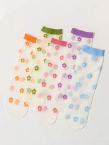 3/5/10双装女士薄款中筒袜，可爱ins风水果、花朵、动物透明玻璃袜，水晶卡通袜，适合春、夏、秋季日常穿着、通勤。 - 彩色 - 查看 2
