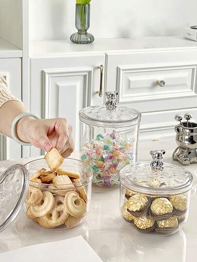 1PC Sealed Container With Lid, Reusable Transparent Plastic Jar With Adorable Teddy Bear-Shaped Cover. This Is A Household Kitchen Food Storage Container Designed For Kitchen Organization. Perfect For Storing Snacks, Candies, Tea Leaves, Nuts, Grains, Cookies, Dried Fruits, Chocolate, Pasta, Coffee Beans, And More.