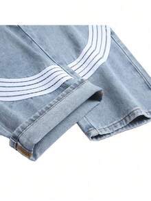 2026 American High - Street Youth Men's Harajuku Style Three - Stripe Black - Blue Straight - Leg Jeans For Fashionable Streetwear And Stylish OOTD, Purple Jeans Option Available For Men's Fashionable Trousers - 藍色 - 查看 3