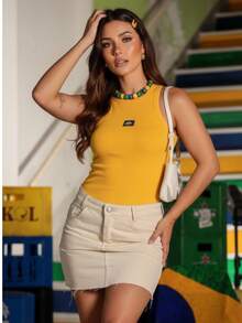 Women's Casual Ribbed Tank Top With Flag Print - Summer Copa Brasil - 黃色旗幟 - 查看 5