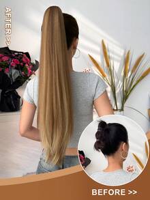 26英寸黑棕色直发马尾夹式接发，自然柔软的合成假发片，女士适用 - 鏽棕色 - 查看 4