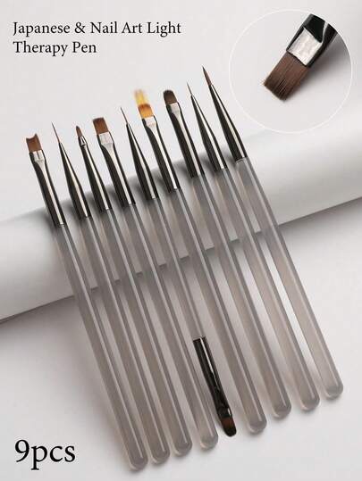 9件套灰色系日式美甲笔套装，包含：美甲刷、勾线笔、双头笔、雕塑笔、UV凝胶笔、渐变笔，适合美甲沙龙和家庭使用。