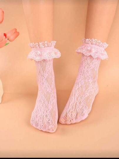 1双女士蕾丝中筒袜，大蕾丝边，可爱弹力镂空网眼长袜，洛丽塔风格可爱蕾丝袜