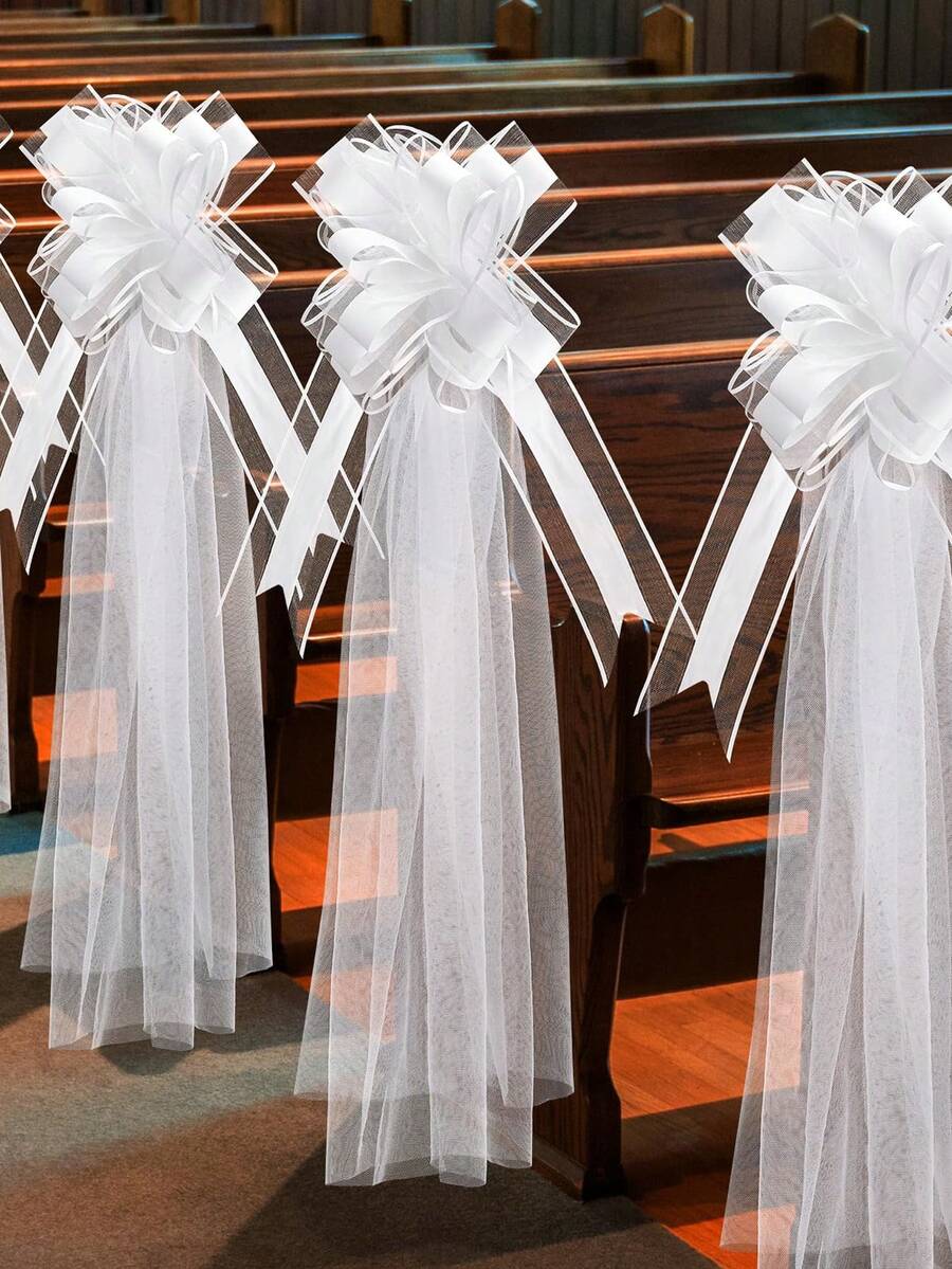 6 Sets Large Wedding Church Chair Aisle Decor Long Satin Bow Tails, White Wedding Car Decor, Wedding Anniversary Party Decoration Big Bow - White Bow Ribbon - View 1