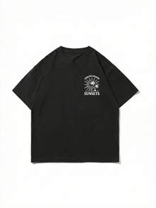 Fractyr 男士休闲度假街头风宽松短袖T恤 | 简约棕榈树和太阳字母印花 | 精致设计 | 夏季必备 | 百搭时尚 - 黑色 - 查看 4