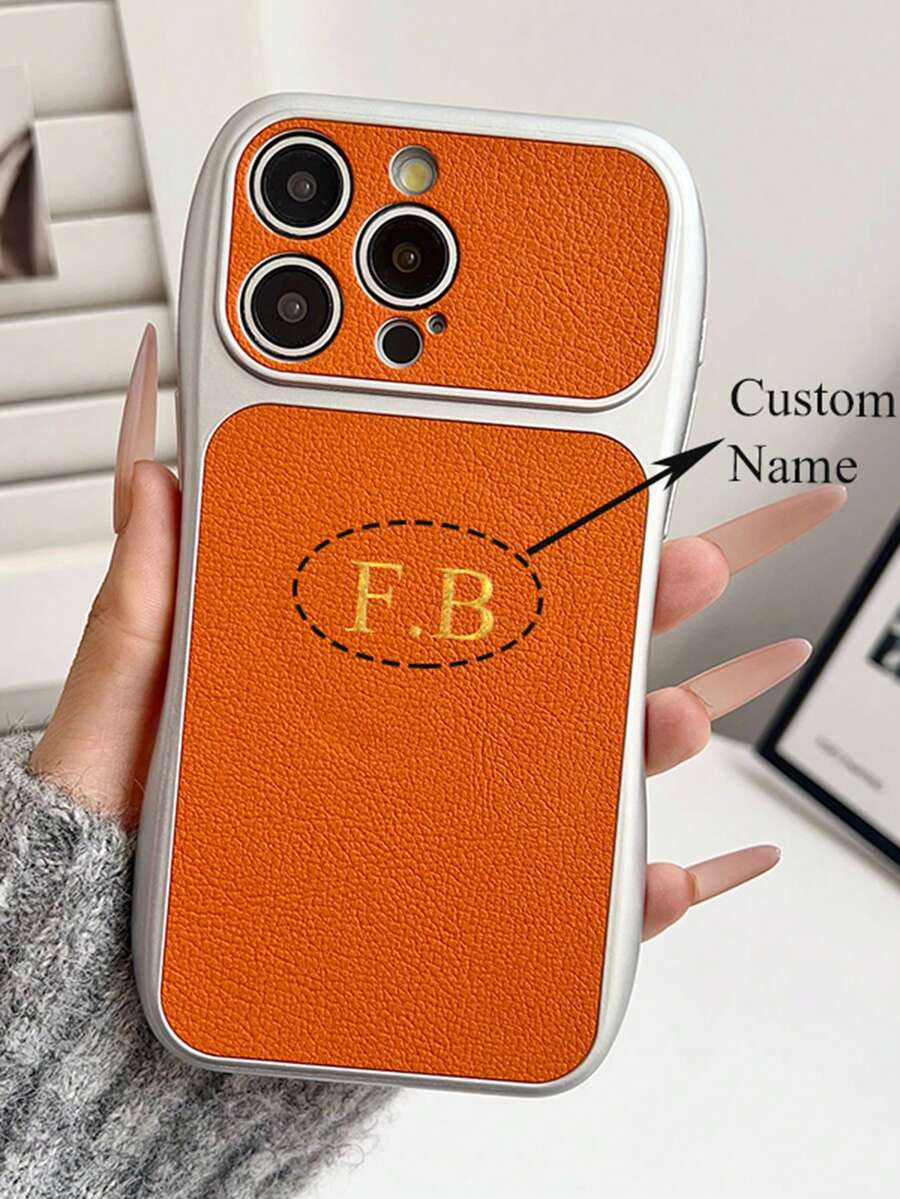 Personalized Electroplated Custom Letter Name & Snowy Mountain Pattern Faux Leather Slim Phone Case, Shockproof Protective Back Cover For IPhone 17 16 15 14 13 Pro Max