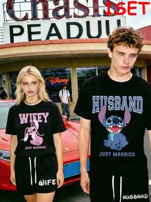[1 Set] Couple's Pullover Short-Sleeved T-Shirt And Drawstring Shorts Two-Piece Set, Decorated With Disney Lilo & Stitch Patterns And "Wife/Husband" Prints. Breathable And Comfortable Summer Couple's Casual Set, The Perfect Gift For Men/Women. - 男士一套(T卹+短褲) - 查看 1