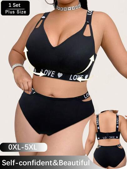 Plus Size Women Leopard Print Front Closure Bra & Panty Set, Soft & Comfortable Wireless Lingerie