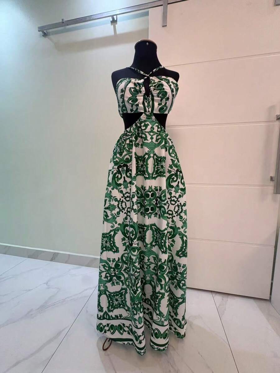 Long Dress With Farme Print, Open Back, Crepe Fabric With Built-In Bra Cups. - 綠色 - 查看 1
