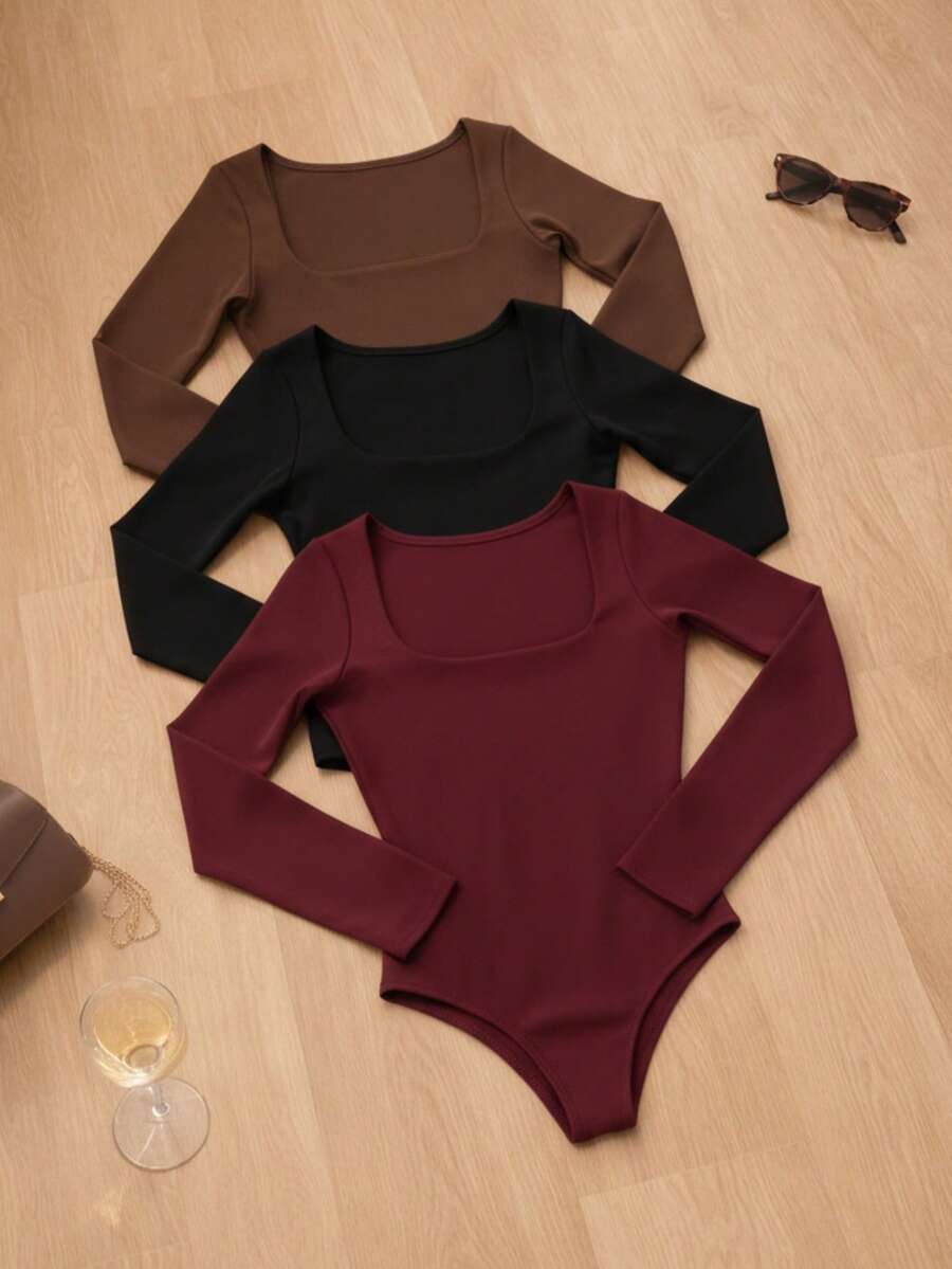 Set Of 3 Women's Bodysuits With Square Neckline And Long Sleeves, Made Of Soft Spandex Fabric With Elastane. Elegant, Casual, Versatile, And For Bloggers. - CÀ PHÊ ĐEN - RƯỢU VANG - Xem 1