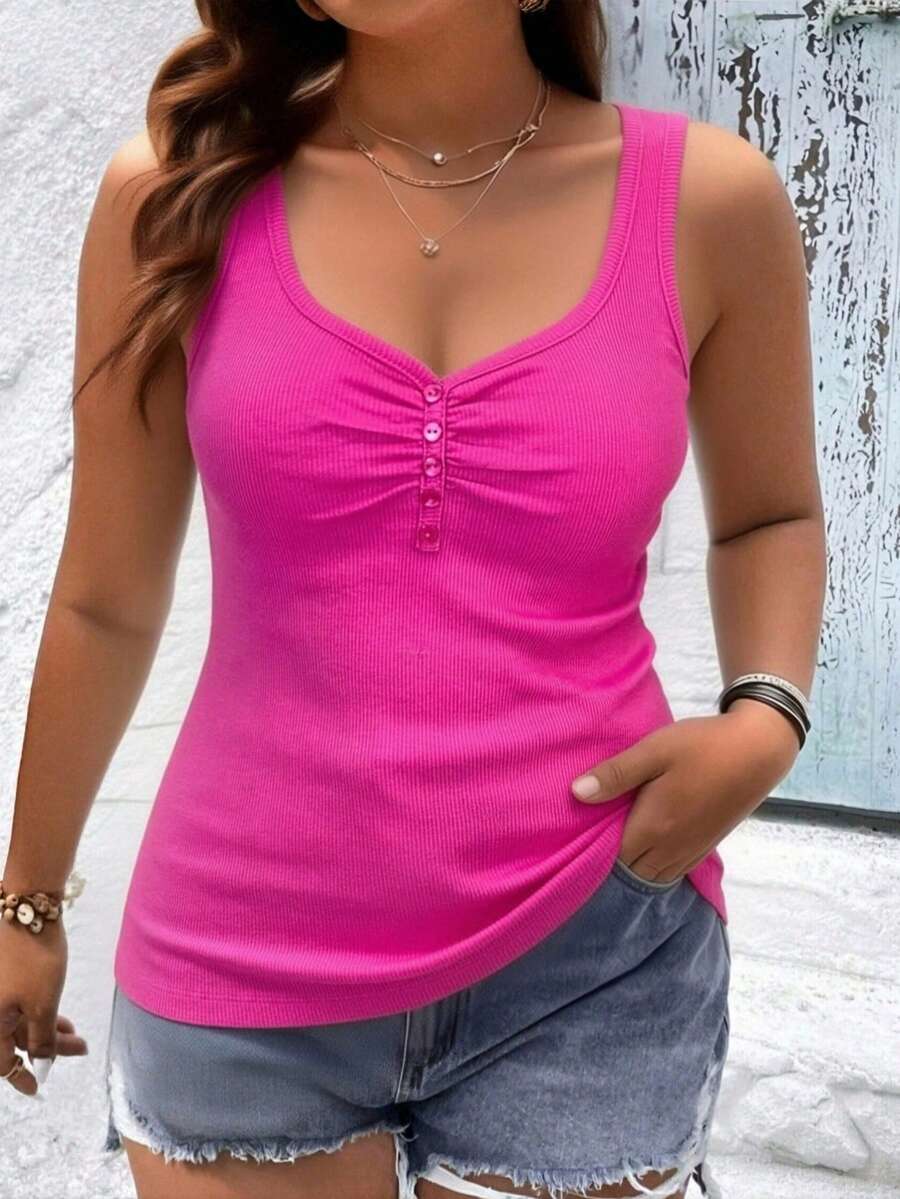 Pure Cotton Tank Top With Ribbed Design In The Middle, Knitted Fabric With Buttons. - Rose Red 2 - View 1