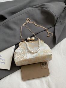 Bolso de mano con decoración de perlas con patrón geométrico y de graffiti aleatorio, elegante bolso de moda para fiesta y compras - Beis - Ver 10
