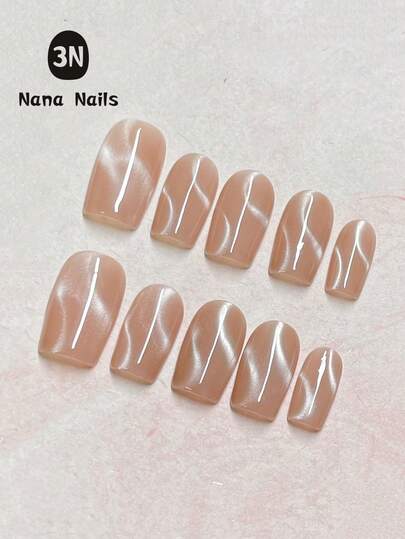 10pcs Spring Floral Pattern Double-S Flowing Satin Nude Orange Cat Eye Nail Stickers | Handmade Short Rectangle Nail Art Set, Luxury & Fashionable