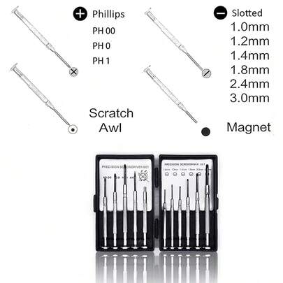 11件套迷你精密螺丝刀套装，小型螺丝刀套件，包含一字和十字头，适用于手表、眼镜、玩具、电子产品、电脑维修。