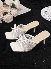 2026新款女士春夏蕾丝网面白色高跟穆勒凉鞋，方头细跟蝴蝶结套脚鞋 - 白色 - 查看 2