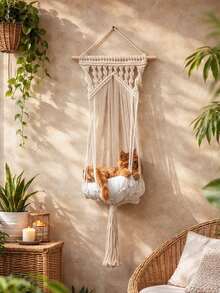 1 buc. Pat hamac decorativ suspendat pentru animale de companie, bej, stil boho, modern, nordic, în formă de leagăn, montat pe perete, cu detaliu nod țesut manual, accent lung cu ciucuri, coș confortabil pentru pisici, scaun de odihnă interior elevat pentru sufragerie, dormitor, balcon, colț de fereastră, mobilier pentru animale de companie, decorare casă, cadou pentru iubitorii de pisici - Bej - Vizualizare 6