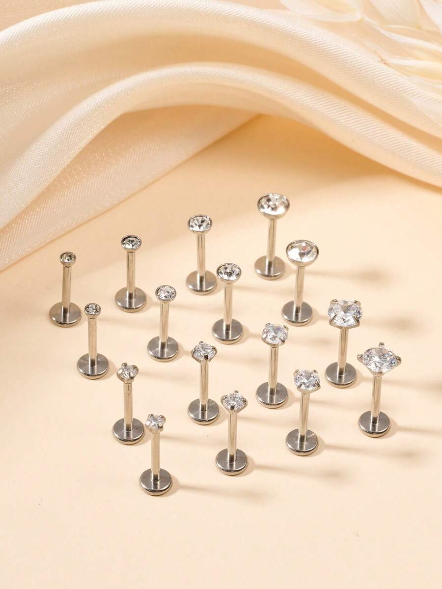 2颗G23钛金属唇钉，男女通用，18G透明钻石CZ唇钉，唇部穿刺饰品，顶部镶嵌立方氧化锆，尺寸可选2mm、2.5mm、3mm、4mm - 銀色 - 查看 1