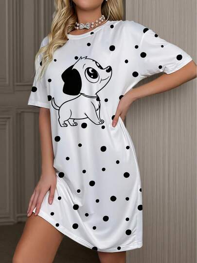Women's Cute Pug Polka Dot Print Nightgown - Soft Polyester-Spandex Blend Short Sleeve Sleepwear Dress, Comfortable All-Season Loungewear, Machine Washable, Opaque Round Neck Fabric