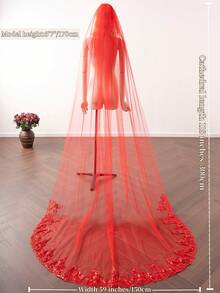 1 件红色薄纱蕾丝贴花亮片新娘头纱，教堂式长度，带梳子，适合新娘佩戴 - 紅色 - 查看 6