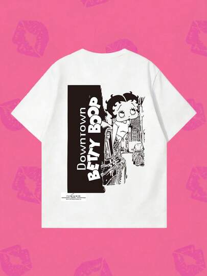 Whysmera SHEIN X Betty Boop Áo thun ngắn tay nữ mùa hè kiểu vintage, áo cổ tròn in hình hoạt hình retro, áo thun thường ngày phong cách đường phố, áo in hình nhân vật hoạt hình kinh điển, phù hợp với phong cách đường phố đô thị, trang phục hàng ngày, đi học, đi nghỉ mát, phối đồ tối giản đen trắng, đi chơi với bạn bè và các sự kiện xã hội thường ngày.