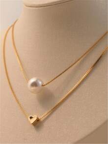 1件时尚简约精致双层心形珍珠项链，适合女士日常佩戴 - 金黃色 - 查看 4