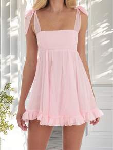 Women Y2k Cute Babydoll Mini Dress Corset Lace Patchwork Sleeveless Ruffled A-Line Flowy Short Dress Beach Streetwear - Pink - View 1