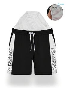 Men's Contrast Panel Letter Print Quick-Dry Mesh Lined Swim Trunks With Drawstring Waist And Side Pockets - Black - View 2