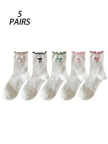 5/10 Pairs Women's Thin Crew Socks, Spring/Summer, Bow Cuff, Cute Lace Ruffle, Moisture-Wicking, Odor-Resistant, Student Socks - Multicolor - View 9