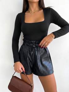 Set Of 3 Women's Bodysuits With Square Neckline And Long Sleeves, Made Of Soft Spandex Fabric With Elastane. Elegant, Casual, Versatile, And  For Bloggers. - CÀ PHÊ ĐEN - RƯỢU VANG - Xem 2