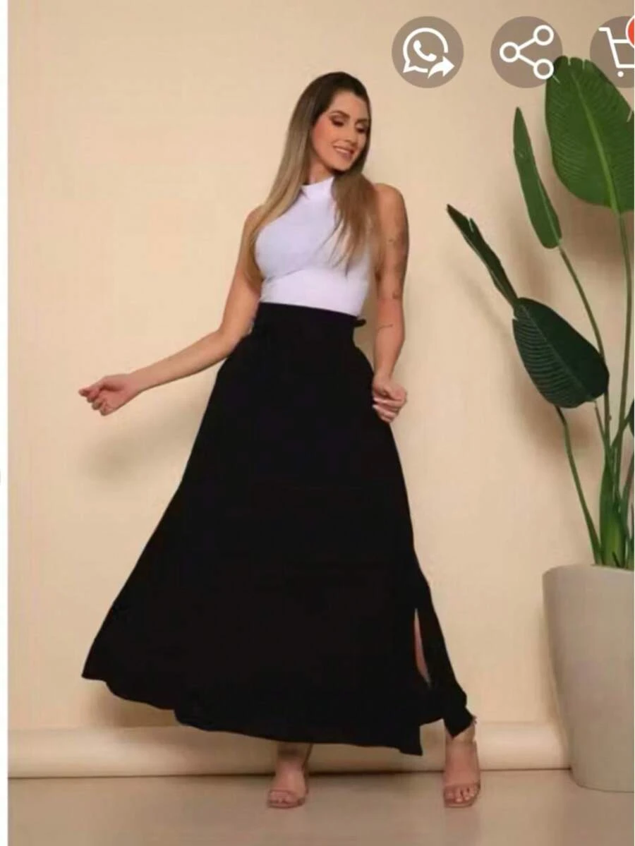 Long, Printed Viscose Skirt, Lined, High Waist With Pockets And Side Slits. - 純黑色 - 查看 1