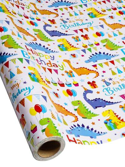 1 Roll Colorful Dinosaur Themed Gift Wrapping Paper, Suitable For Birthday Parties, Holiday Gifts, Party Favors And Holiday Gift Packaging