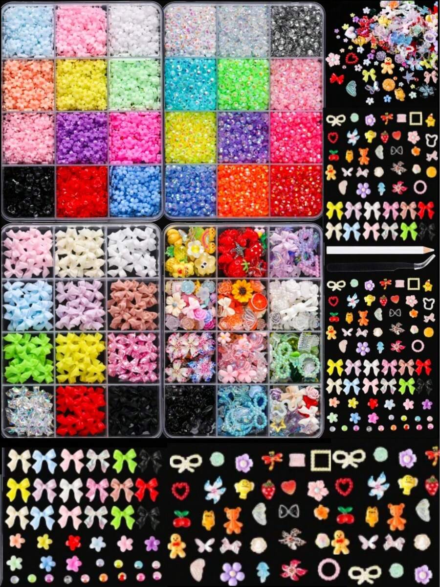 4Box Random Mixed ABS Resin Rhinestone Bow Nail Charms 3D Mini Flowers Cute Cartoon Little Bear Fruit Strawberry Orange Butterfly Candy Tweezers Pen Nail Art Accessories DIY - Multicolor - View 1