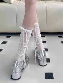 1 Pair Ribbon Sheer Thigh High Socks, Women's Thin Long Stockings, Princess Ballet Style Hollow Out, Spring/Summer - Multicolor - View 9